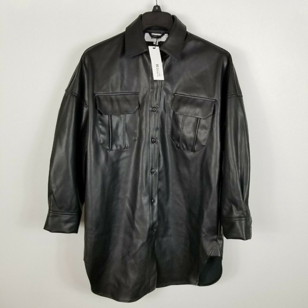 BB Dakota‎ Womens Black Long Sleeve Oversized  Faux Leather Shirt Jacket XS - Picture 3 of 6